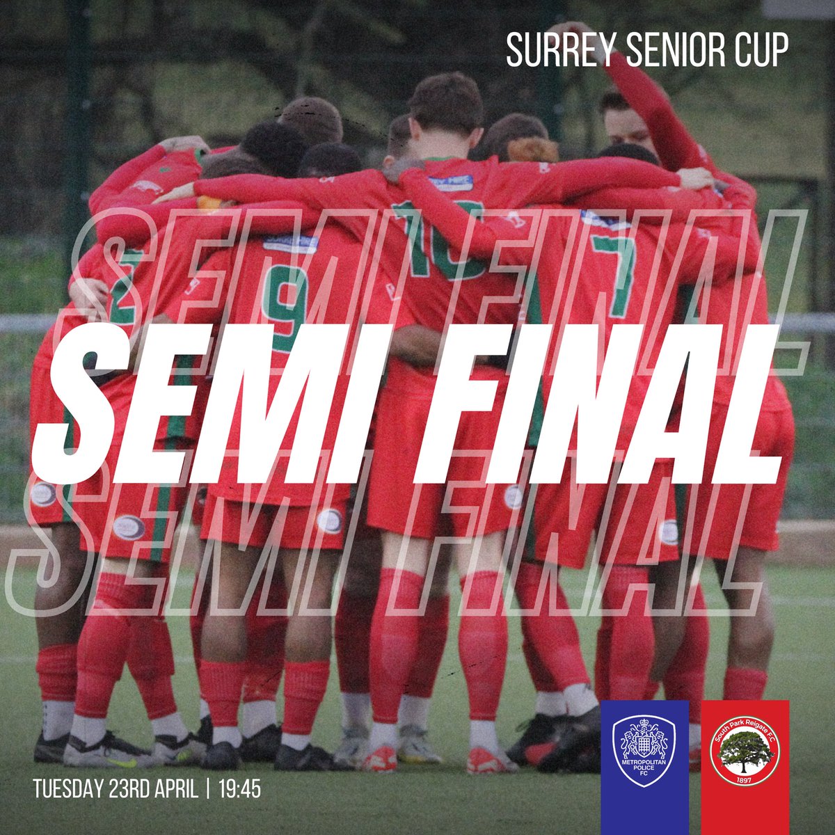 𝗦𝗨𝗥𝗥𝗘𝗬 𝗦𝗘𝗡𝗜𝗢𝗥 𝗖𝗨𝗣 𝗡𝗘𝗪𝗦 | 🚨 We have been re-instated into the Surrey Senior Cup meaning that we play @MetPoliceFC at Imber Court in the Semi Final on Tuesday 23rd April 🗓️ Get it in the diary 🙌 #UpTheSparks #WeAreSouthPark ❤️💚🌳⚡️