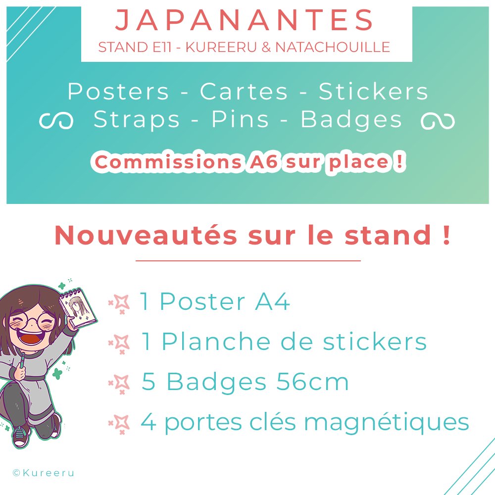 Dans moins d'une semaine c'est <a href="/JapaNantes/">JapaNantes</a> ! On sera en E11 dans la grande salle avec <a href="/Natachouille/">Natachouille 🐇</a> ✨
Pour l'occasion j'aurai quelques nouveautés que je vais vous présenter prochainement ! J'espère que ça vous plaira ☺️