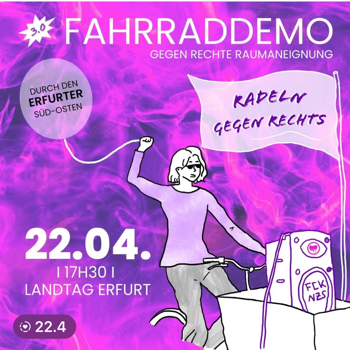 Es ist wieder so weit. Am Mo, 22.4., 17:30, startet vor dem Thüringer Landtag die 3. Fahrraddemo gegen rechte Raumaneignung in #Erfurt. Diesmal geht‘s in den Süd-Osten Erfurts. Wer in Erfurt oder Umgebung wohnt: steigt aufs Rad und radelt mit! 🚴‍♀️🚴🚴‍♂️ #RadelnGegenRechts #tdgr