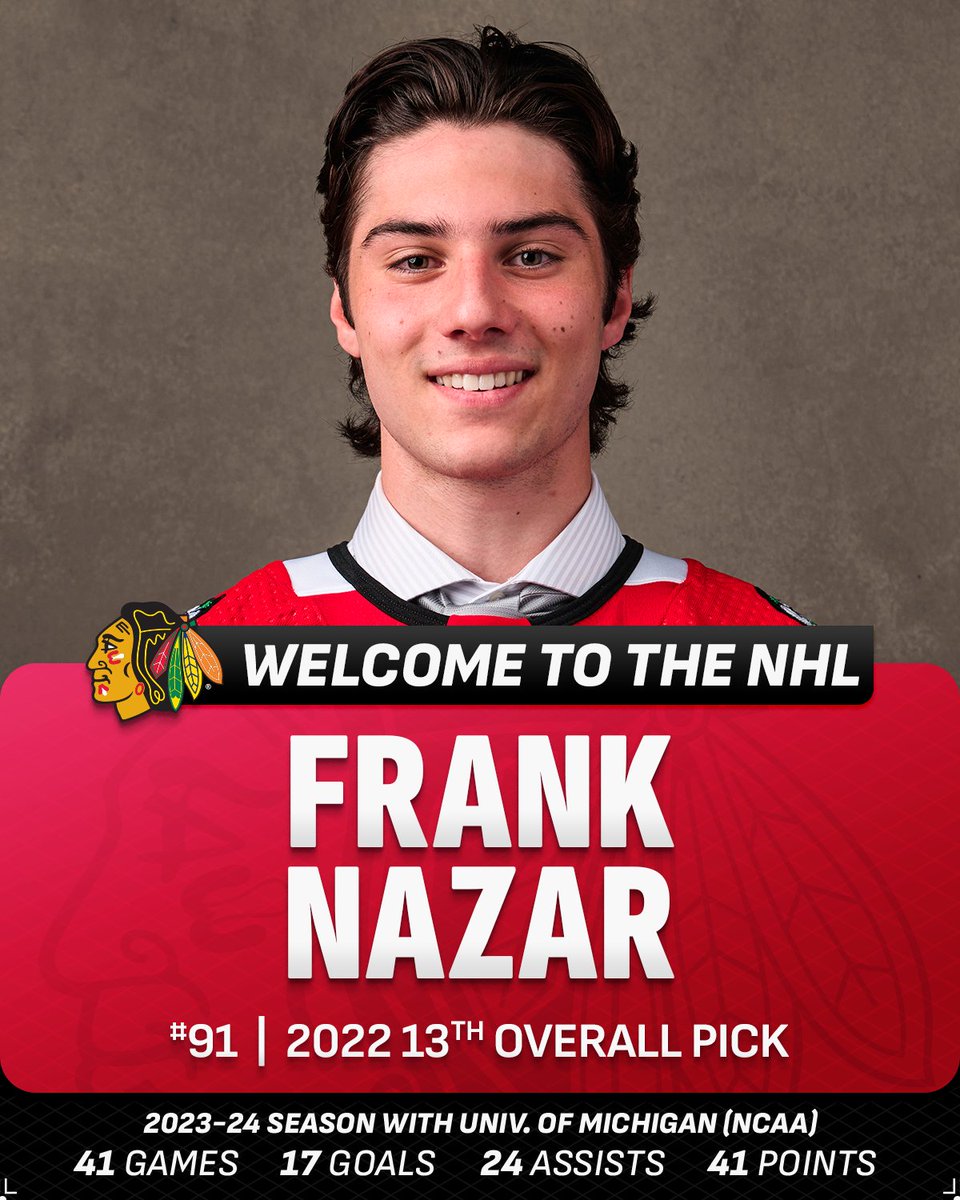 NHL (@nhl) on Twitter photo Hey, Frank 👋
Frank Nazar will be making his NHL debut for the <a href="/NHLBlackhawks/">Chicago Blackhawks</a> tonight in the Windy City.
Welcome to the League! Hey, Frank 👋
Frank Nazar will be making his NHL debut for the <a href="/NHLBlackhawks/">Chicago Blackhawks</a> tonight in the Windy City.
Welcome to the League!