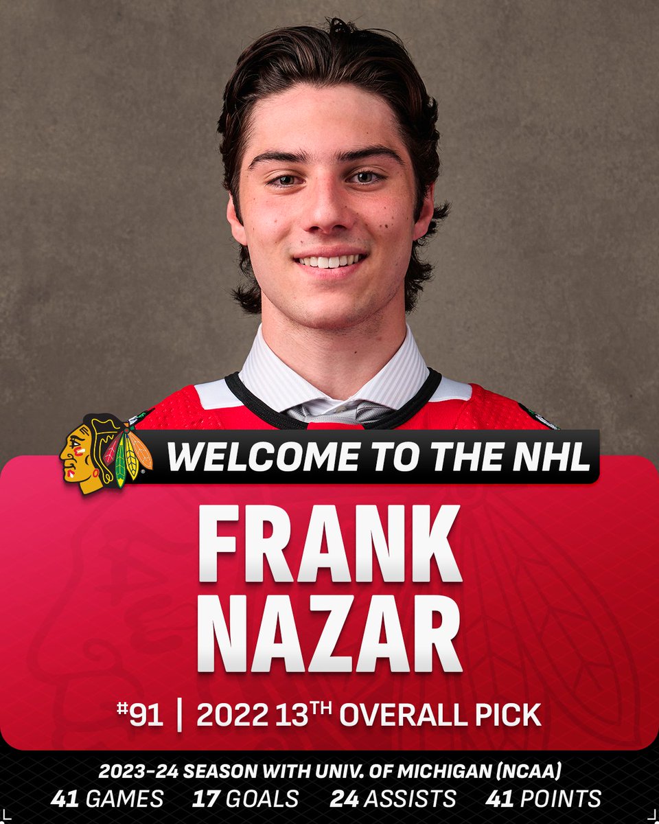 Hey, Frank 👋 Frank Nazar will be making his NHL debut for the @NHLBlackhawks tonight in the Windy City. Welcome to the League!