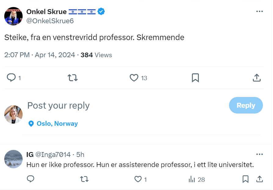 Har tvitret om Netanyahus velkjente nær besettelse med Iran, som har vart i mange tiår nå. X får NOIA. Hilsen 'assisterende professor [sic], i ett [sic] lite universitet'.