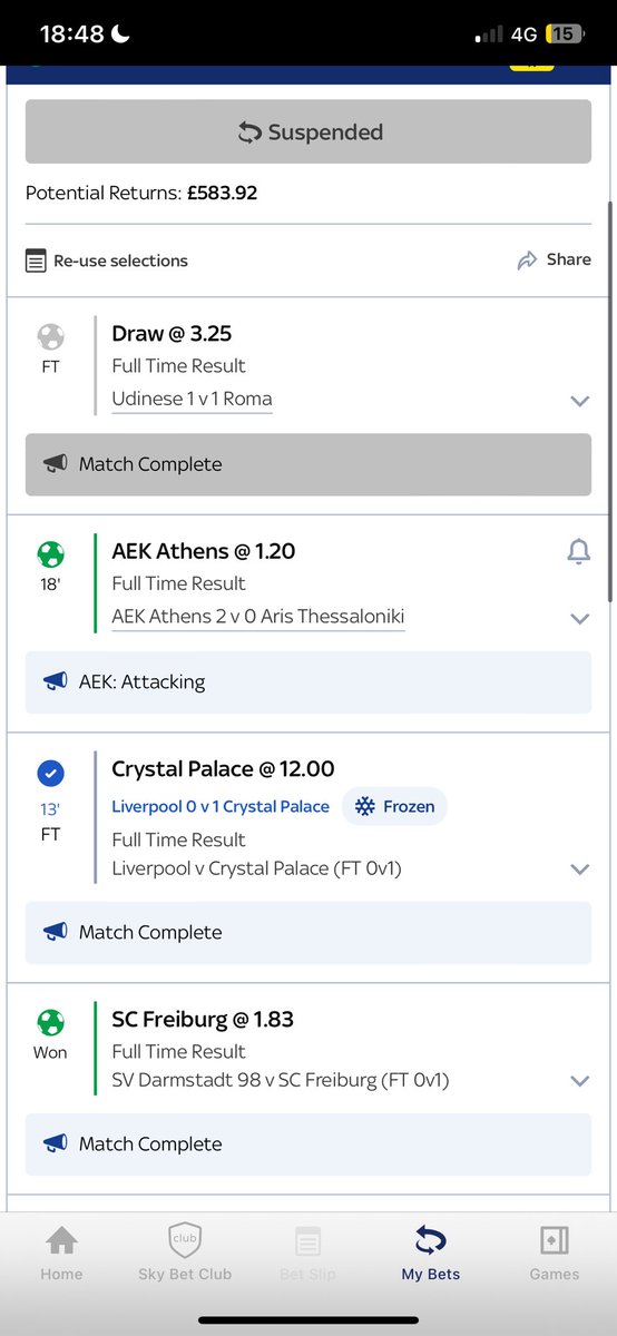 @SkyBet @PaulHolroyd12 But they were not looking out for me. Had Roma to draw but match was abandoned in the 88th min with the score at 1-1. Leg void, returns went from £582 to £180 😤