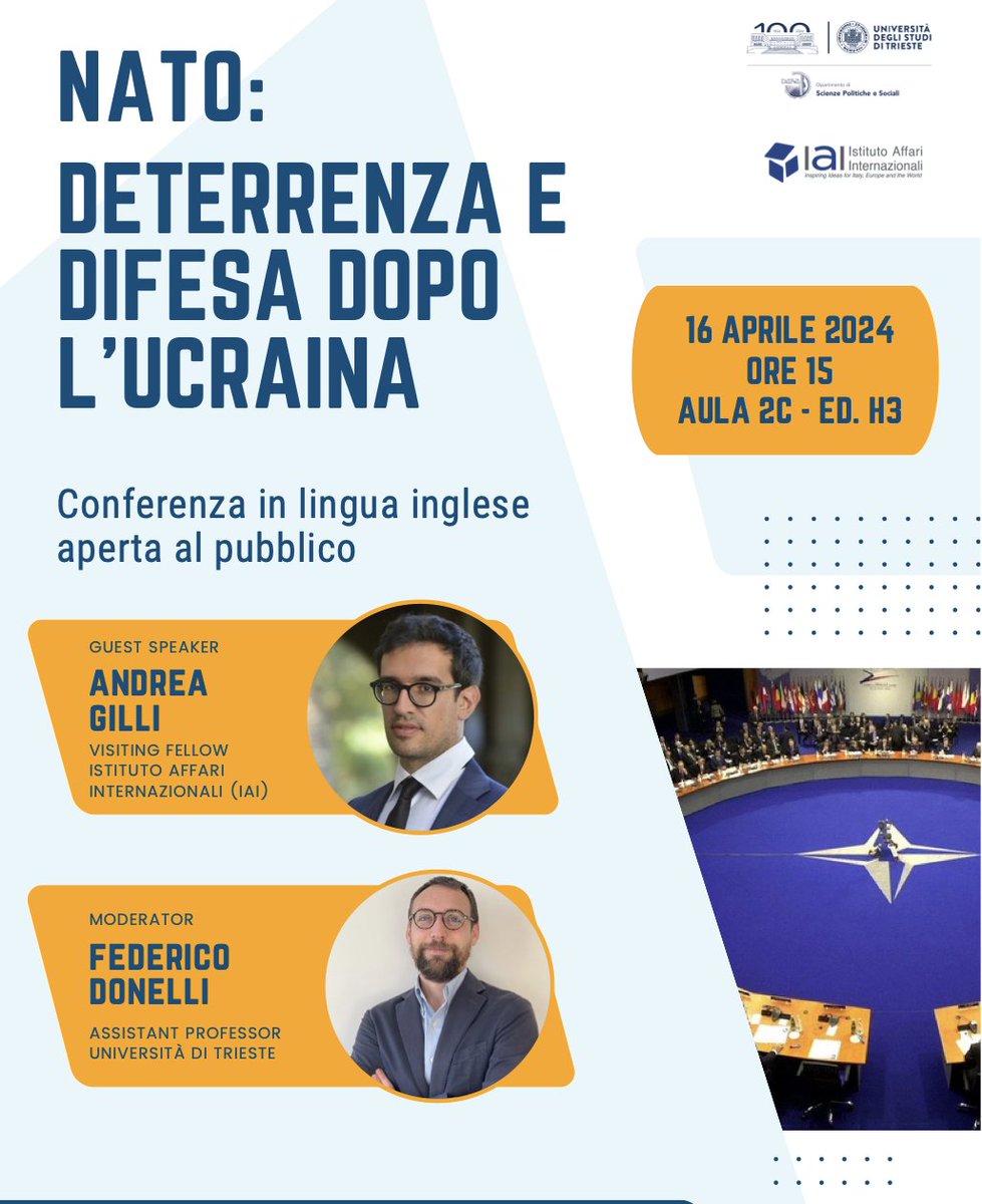 📌Excited to announce our guest #speaker! @aa_gilli (@IAIonline) will join us at @UniTrieste for an #open #lecture on #NATO's role amid the #Russian-#Ukrainian #conflict. 📅 April 16th 🕒 3 p.m. (CET) 📍Room 2C - Ed. H3 - Piazzale Europa 1, #Trieste #Ukraine #NATO #Security