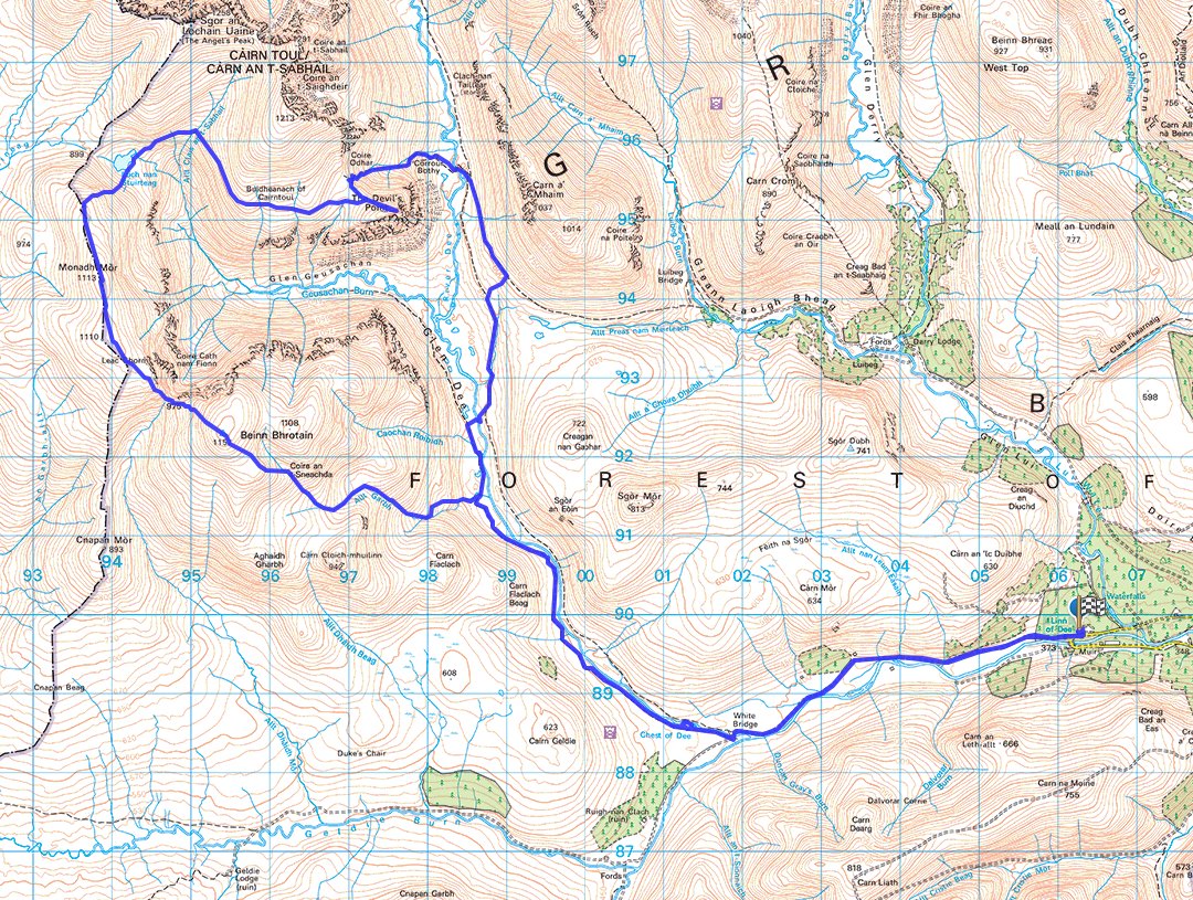 Today's route also took in Beinn Bhrotain and Monadh Mòr, two magnificent hills in their own right. The ground between Monadh Mor and the Devils Point is very seldom trodden and tough on the legs. The full circuit was 27 miles, 10 of which were done on bike. Coming back via…