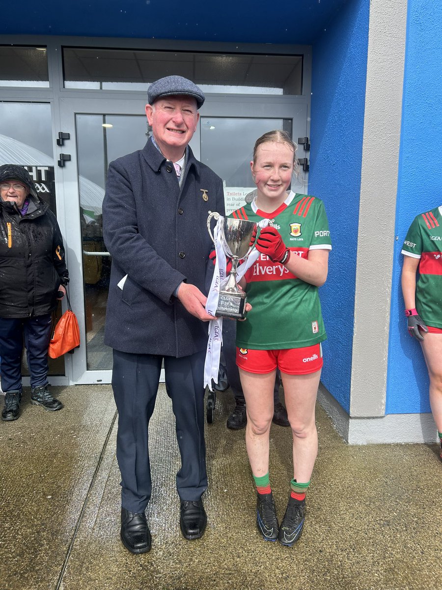 Connacht president Brendan Cregg pictured presenting the Connacht U16 cup to Mayo U16 Captain Emma Higgins after Mayo defeated Galway in extra time in the Connacht U16 A Final today.