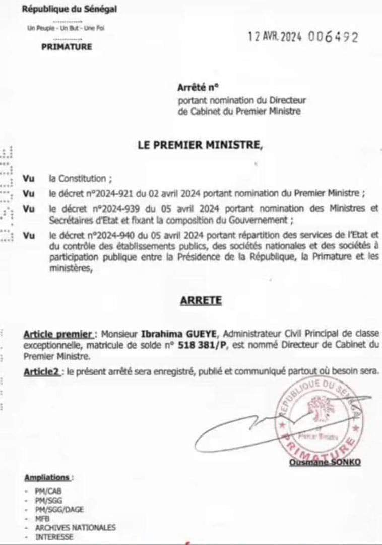 Le premier ministre du Sénégal M. Ousmane SONKO nomme M. Ibrahima Gueye au poste de Directeur de son cabinet