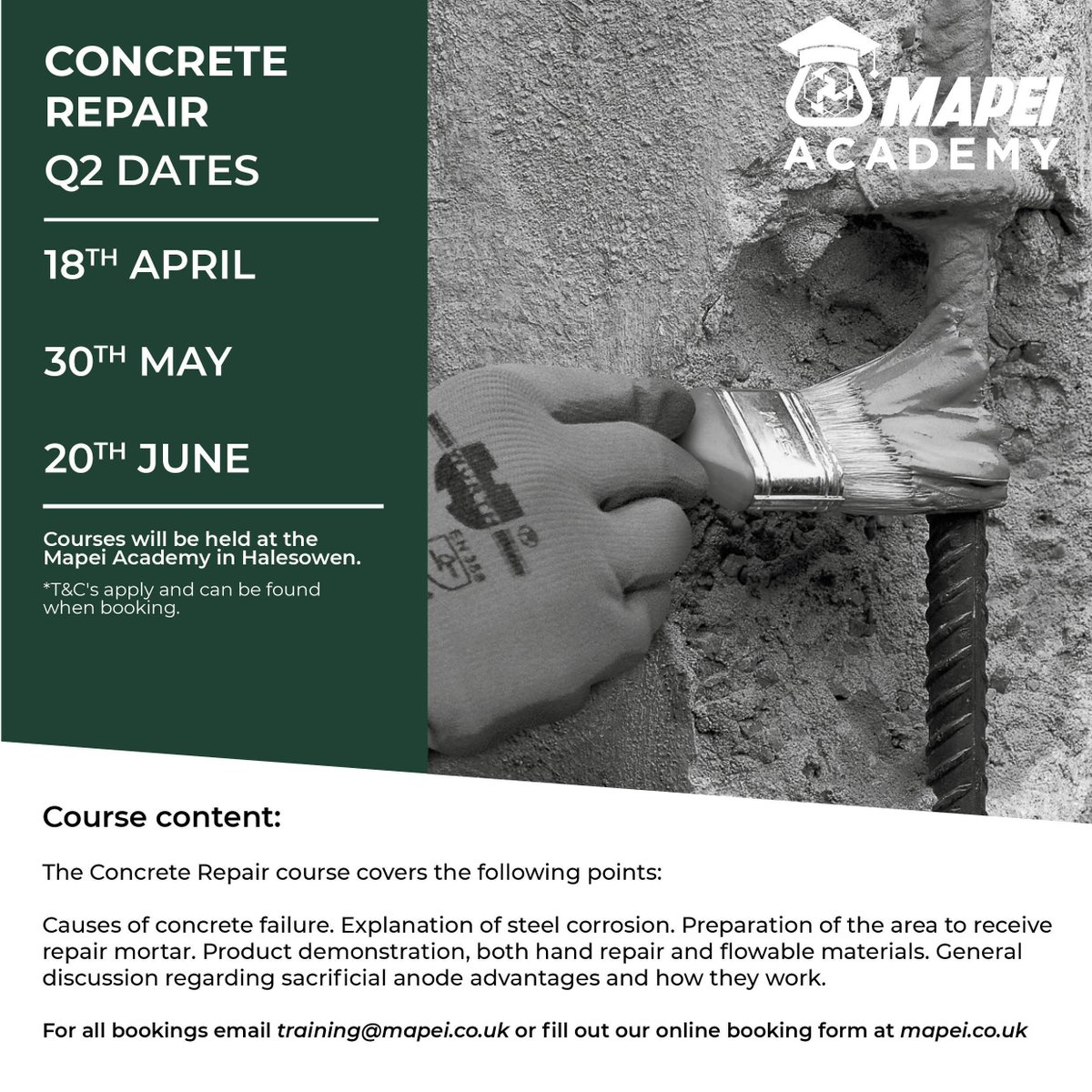 Andy will introduce our range #ConcreteRepair products and systems. All #Mapei courses are free to attend, however booking is essential. Lunch & refreshments are provided. buff.ly/4akFkec

#corrosion #anode #mortar #composites #admixtures #construction #building #builder