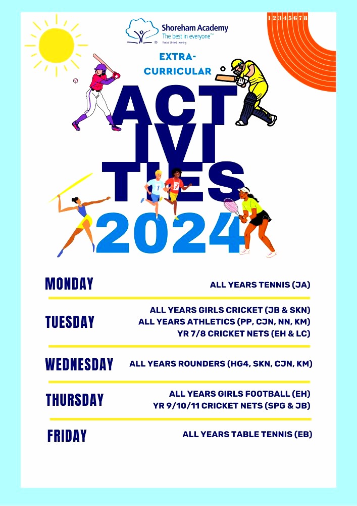 🌞🌞🏃‍♂️🏃‍♀️🏏🎾⚽️🏓Come along to our Summer Clubs to have fun, make new friends and develop your skills in a range of Sports! 🏓⚽️🎾🏏🏃‍♀️🏃‍♂️🌞🌞
⚠️⚠️Clubs start from Monday 22nd April⚠️⚠️