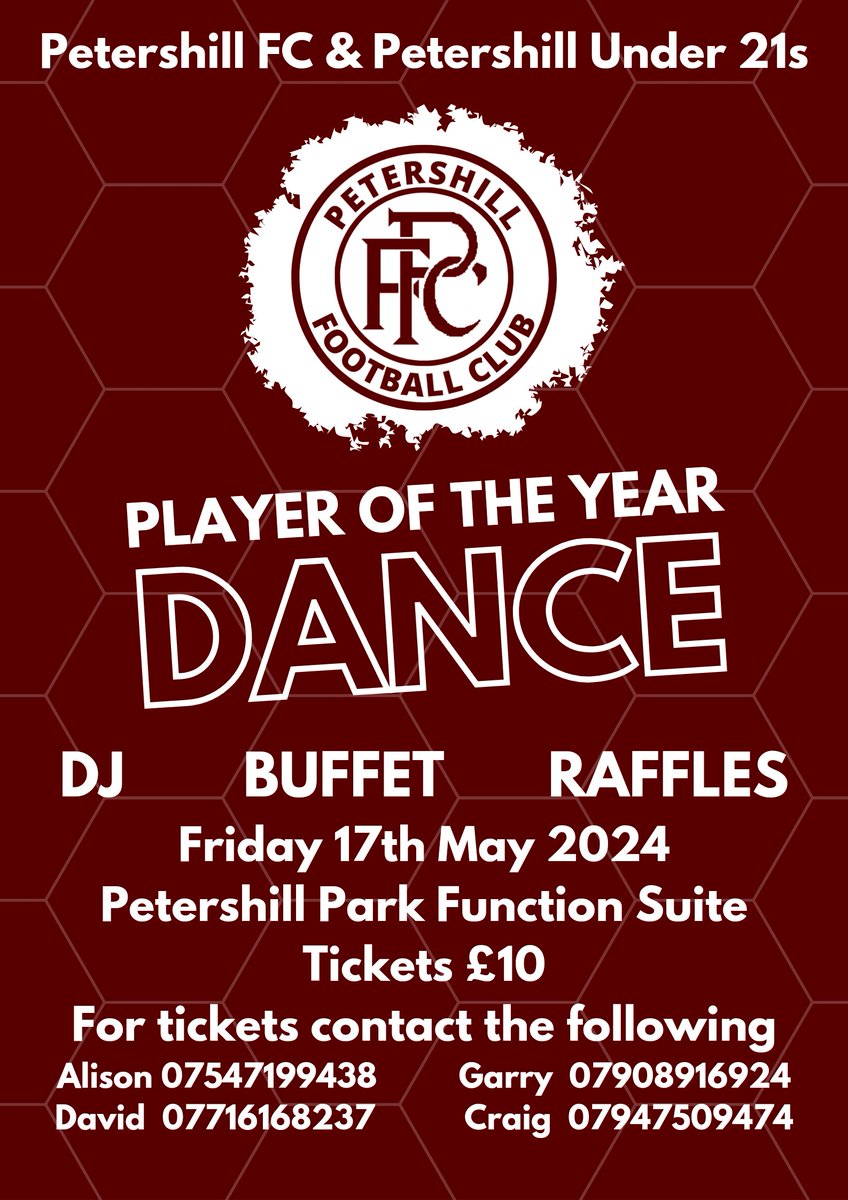 We are once again holding a joint Player of the Year Dance with @petershill21_s, this time in the Function Suite at Petershill Park on Friday 17th May. We would urge all supporters to come along and support the event and help to raise some much needed funds for both teams.
