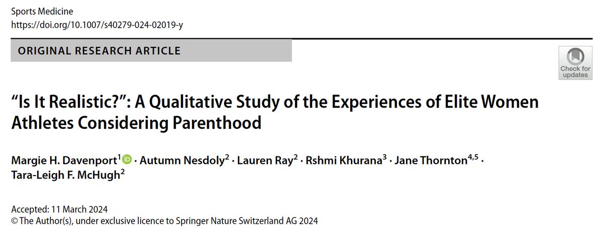 “Is It Realistic?”: A Qualitative Study of the Experiences of Elite Women Athletes Considering Parenthood via @SportsMedicineJ Actionable steps to support elite women athletes ⬇️ w/@ExercisePreg @taraleighmchugh @Laurennray @AutumnNesdoly @RshmiKhurana link.springer.com/article/10.100…