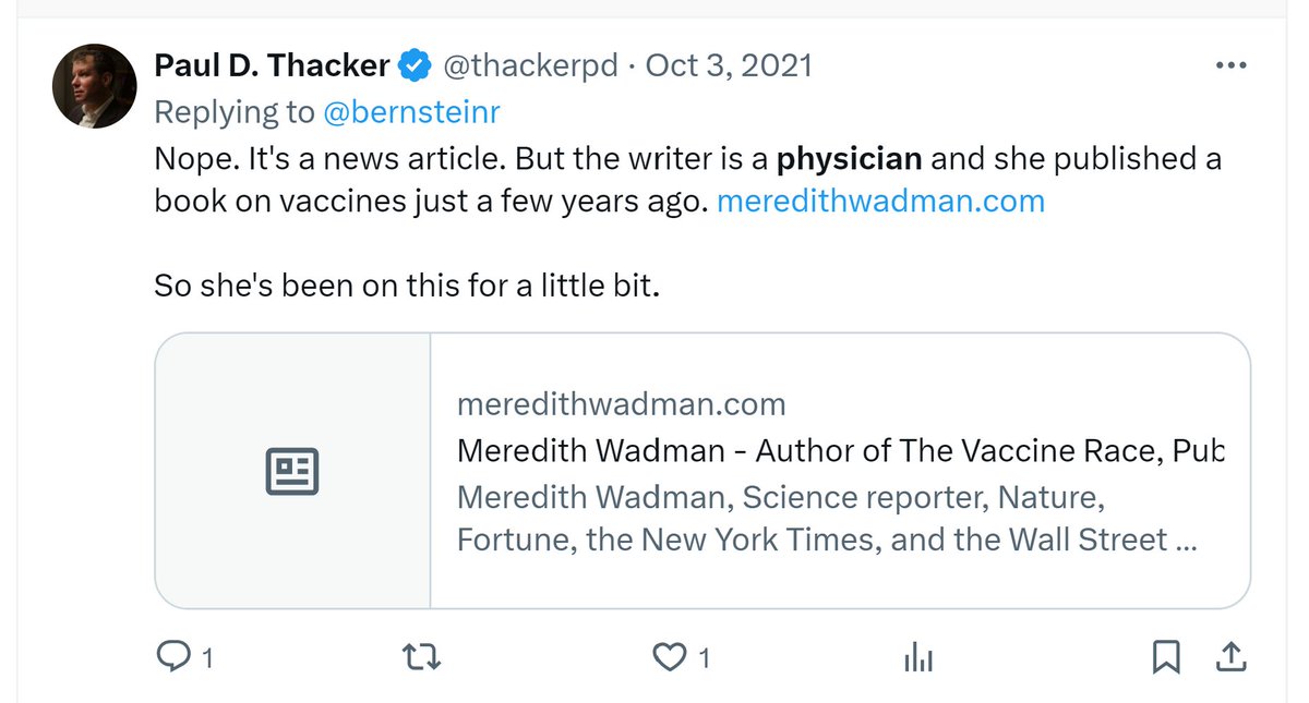 The hypocrisy is real with Paul Thacker (in his role as the supreme arbiter of how a physician is defined). He claims only 'licensed' physicians may use the title physician. In a tweet from 2021, Thacker refers to Meredith Wadman, an unlicensed physician, as a 'physician'.