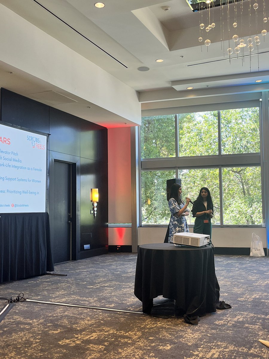 #ScrubsNHeels24 Our Summit Ambassadors @RomyChamoun @shaina_sekhri delivering a 🌟 talk to the trainees #Network like a Boss to ⏩ your career ! Big TY to the professional #coaches who helped refine the trainees’ #ElevatorPitch @GutGirlMD @soniaknarang @doctorparastoo