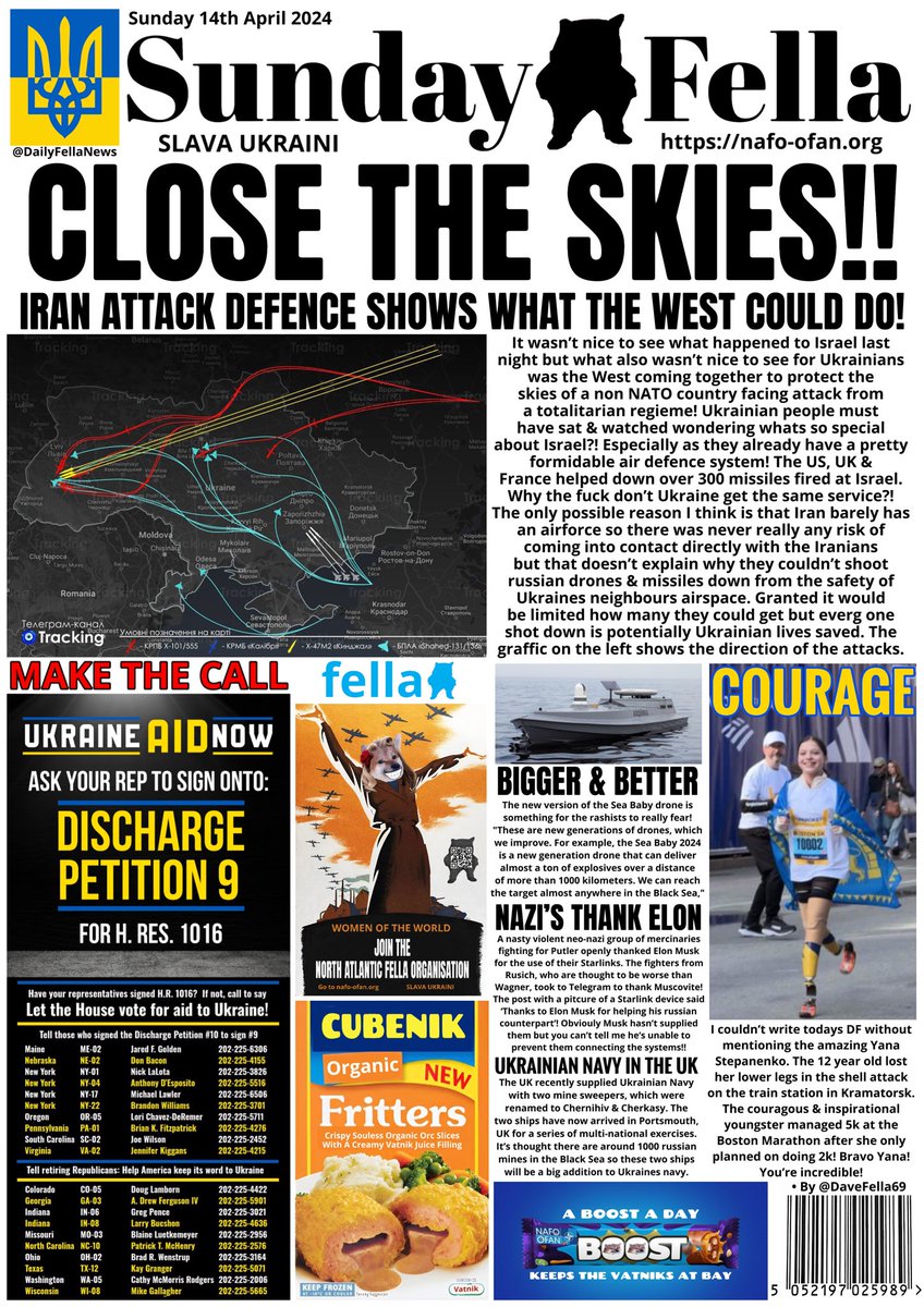 It’s time for your Sunday Fella. Ready about how NATO should protect Ukraines skies from russia! Plus Sea Babies are getting more punch & the amazing Yana Stepanenko runs 5k at Boston Marathon. 

#MakeTheCall 

#SundayFella #DailyFella #DailyFellaNews #SlavaUkraini #NAFO