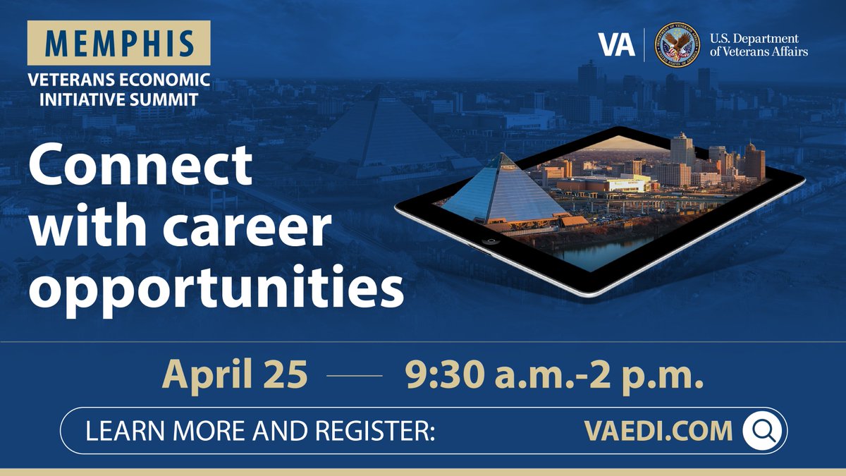 Connect with careers and hiring employers at the Memphis Veterans Economic Initiative Summit! Join us April 25, from 9:30 a.m. to 2 p.m. at Riverside Missionary Baptist Church in #Memphis. For more information: vaedi.com/memphis.