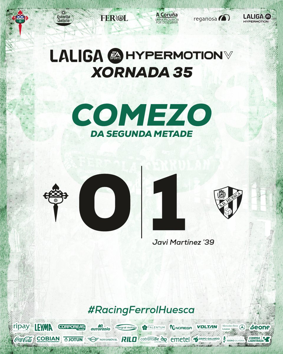 2⃣▶️⏱️4⃣5⃣ | 0-1 | Comeza a segunda metade en A Malata, buscamos a remontada #RacingFerrolHuesca #LALIGAHYPERMOTION #OpaRacing