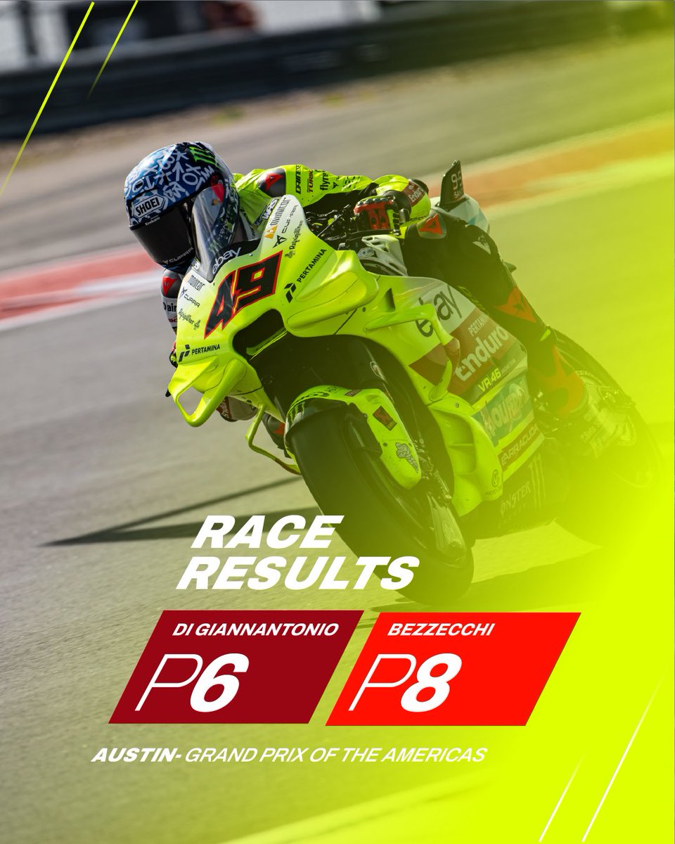 Race results 🏁 #AmericasGP

@FabioDiggia49 P6 
@Marco12_B P8
 
#PertaminaEnduroVR46RacingTeam #MotoGP #MB72 #Diggia49 #VR46