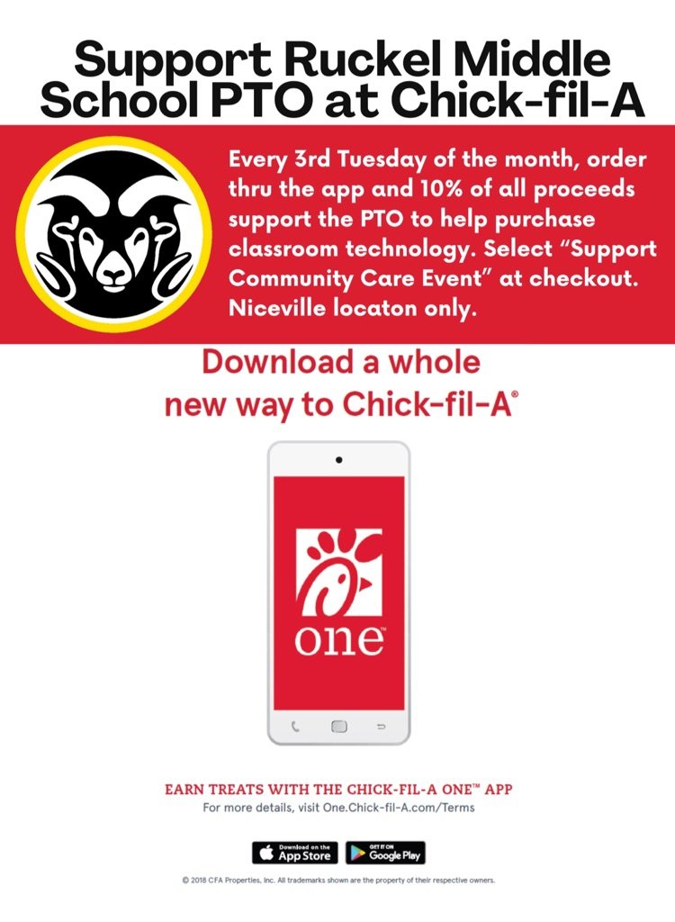 This Tuesday is the third Tuesday of the month. Order your Chick fil A through the app and 10% will go to the Ruckel PTO.