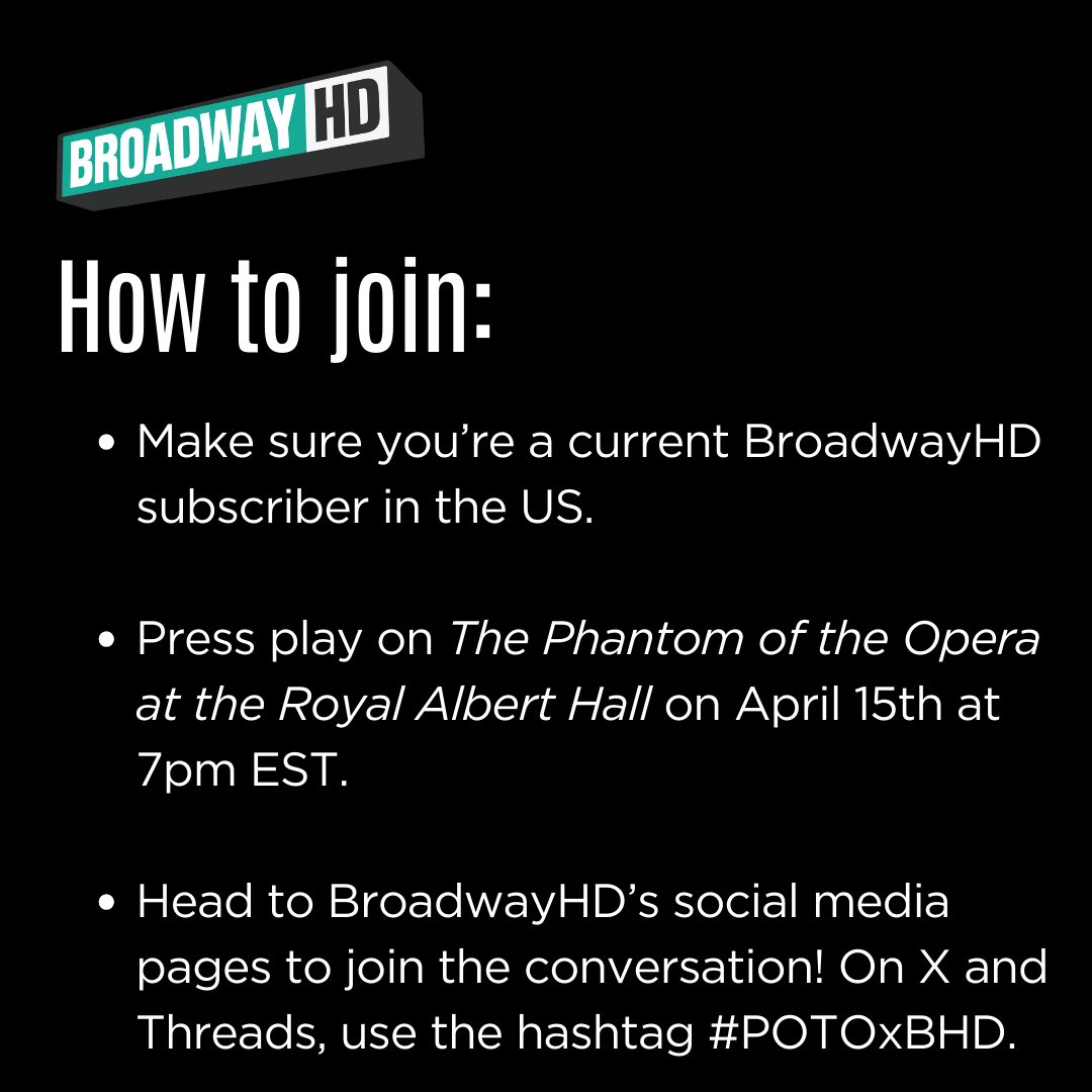 Our The Phantom of the Opera Watch Party is TOMORROW NIGHT! 🎶 It’s been one year since The Phantom of the Opera closed on Broadway. We're all streaming the show together on Monday 4/15 at 7pm EST and would love for you to join us! #POTOxBHD Available for US subscribers only.