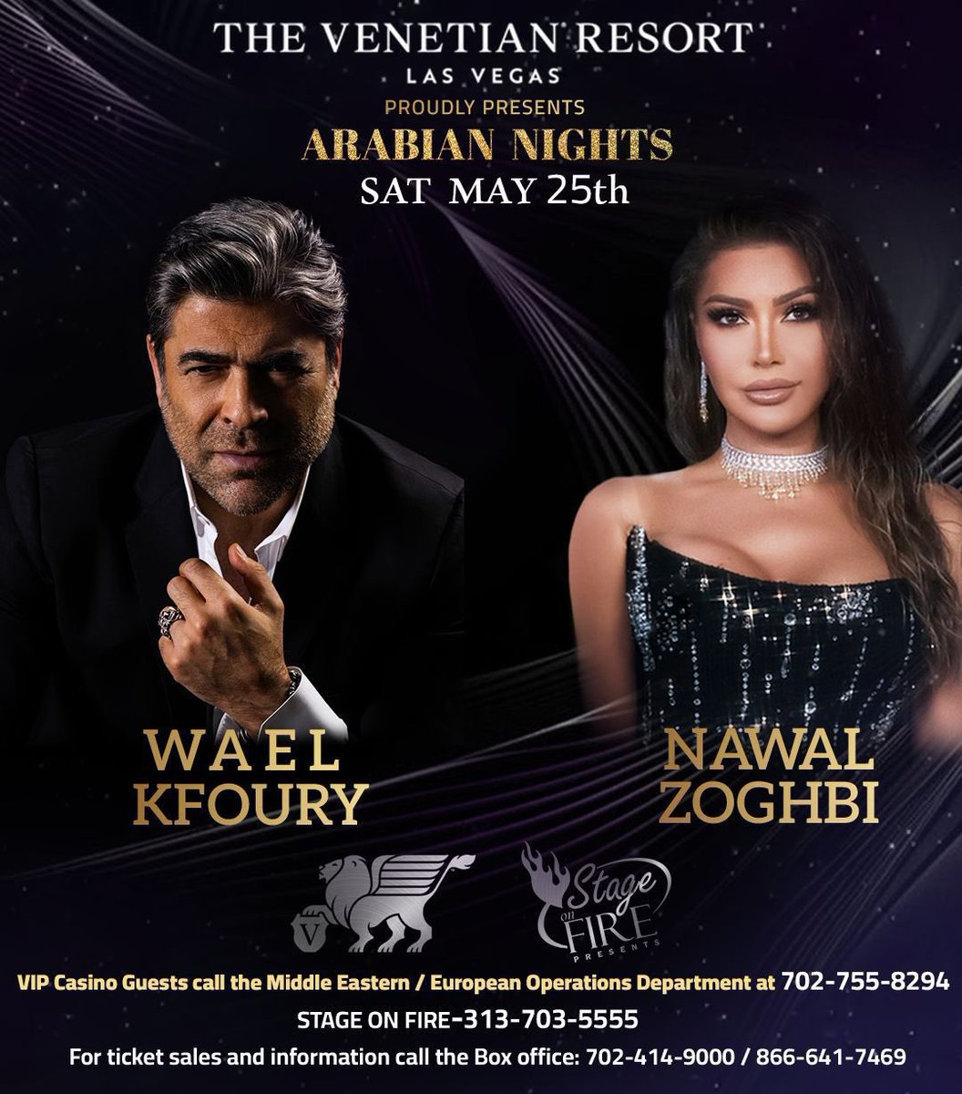 Don’t miss out on a historic night of music! Join us for one unforgettable evening this Memorial Day weekend, May 25, 2024, at the Venetian, Las Vegas. Secure your tickets and reservations now through the link below 
ticketmaster.com/arabian-nights…

@waelkfoury @Unlimited_So_eg