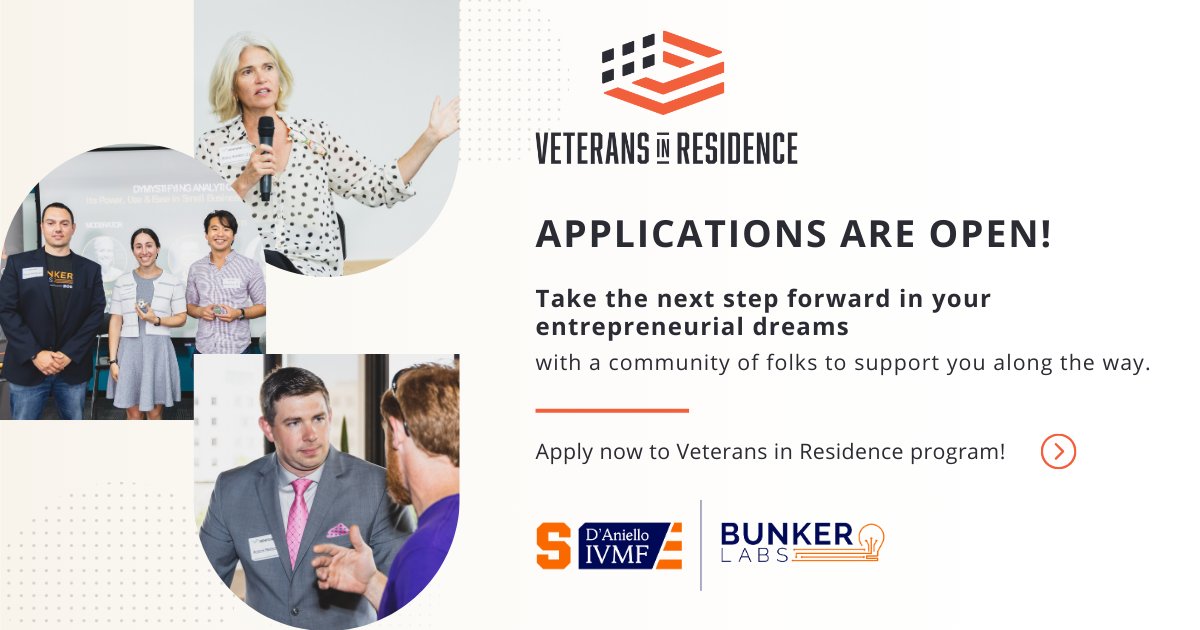 Ever wonder what could happen if you really focused on launching your business? Deep dive into business essentials you need to start your venture with our 10 week @IVMFSyracuseU Bunker Labs #Veterans in Residence virtual program. bunkerlabs.org/veterans-in-re…