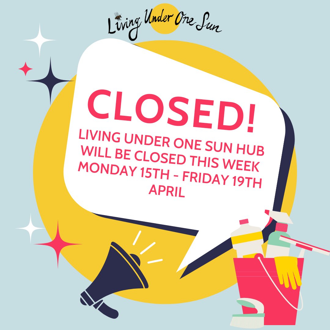 Living Under One Sun hub will be closed this week Monday 15th-Friday 19th April whilst we spring clean the centre. We will be re-opening on Saturday 20th April. We look forward to seeing you then! #n17 #tottenhamhale #tottenham #downlanepark #communitycentre #springclean