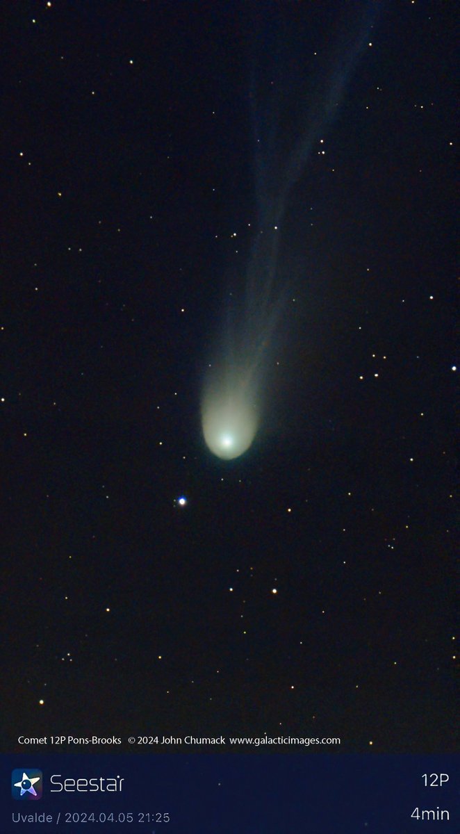 On April 5 my pal John Chumack captured this shot of Comet 12P/Pons-Brooks with his Seestar scope. An interesting image!