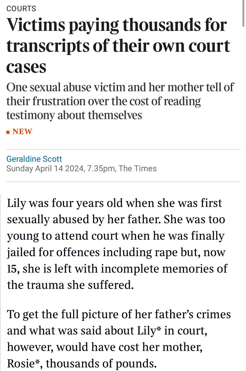 1/ The family of Lily, who was sexually abused and raped by her father from the age of 4, were quoted over £6,500 for the transcript of his trial. No victim should have to pay thousands for a court transcript, and ministers must urgently right this wrong. thetimes.co.uk/article/2a626a…