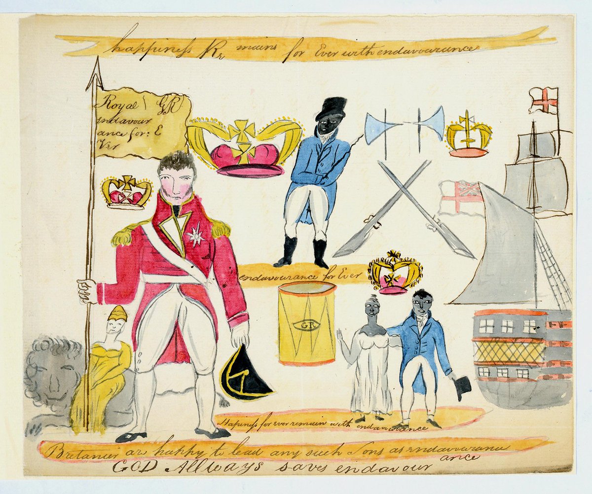 Apr 14 1816 – Bussa, a slave in British-ruled Barbados, leads a 400 others in rebellion and is killed by British troops. This is a flag they used “Happiness ever remains the endeavor”