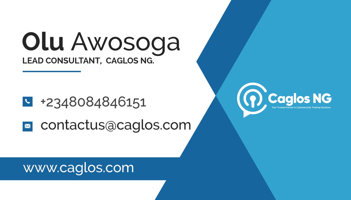 My Name Is Olu Awosoga 
Lead Consultant, Caglos NG
A Professional Cybesecurity Expert

#ITTraining #CyberSecurity #IT 
#CaglosNG