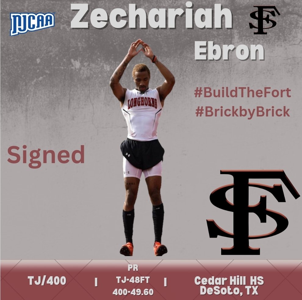 We would like to welcome our 10th signee, Zechariah <a href="/EbronZechariah/">Zechariah Ebron</a>, a Triple Jumper and 400 runner from Cedar Hill HS in Texas 

PR
TJ-48FT
400-49.60

Welcome to
#TheFort <a href="/EbronZechariah/">Zechariah Ebron</a>

<a href="/RecruitTheHill1/">Recruit The Hill</a>  <a href="/CHLonghorns/">Cedar Hill Longhorns</a>

#BuildTheFort