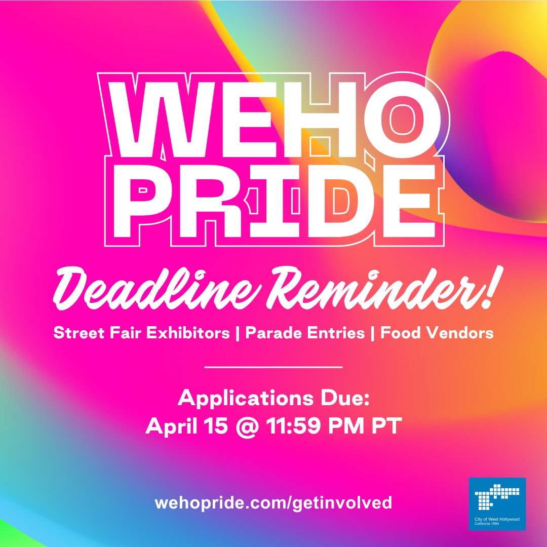 Attention all exhibitors, food vendors, and parade enthusiasts! 🌈 The deadline to apply for WeHo Pride 2024 is tomorrow, April 15. Don’t miss your chance to participate in WeHo Pride Weekend from May 31 to June 2! ✨ For application details and more: wehopride.com/getinvolved