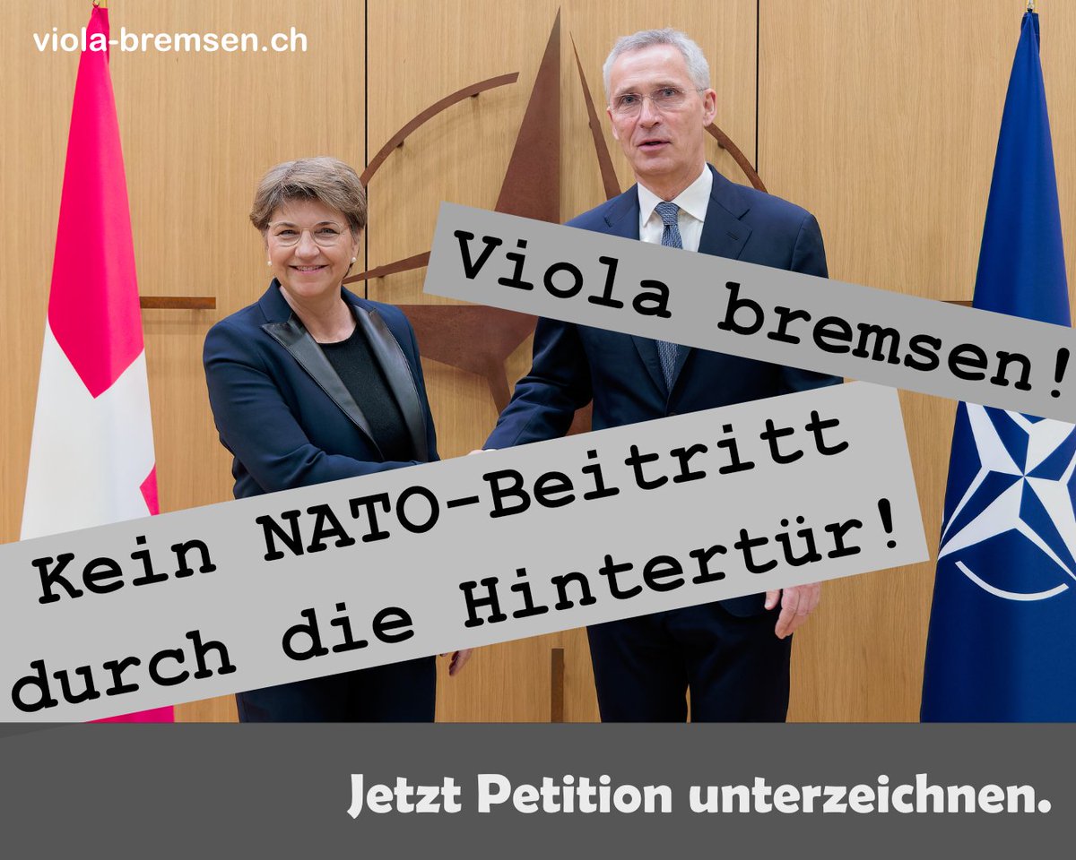 Wir fordern, dass Entscheide über Annäherungsschritte an die NATO vom Parlament genehmigt, und bei Bedarf dem Volk zur Abstimmung vorgelegt werden. viola-bremsen.ch