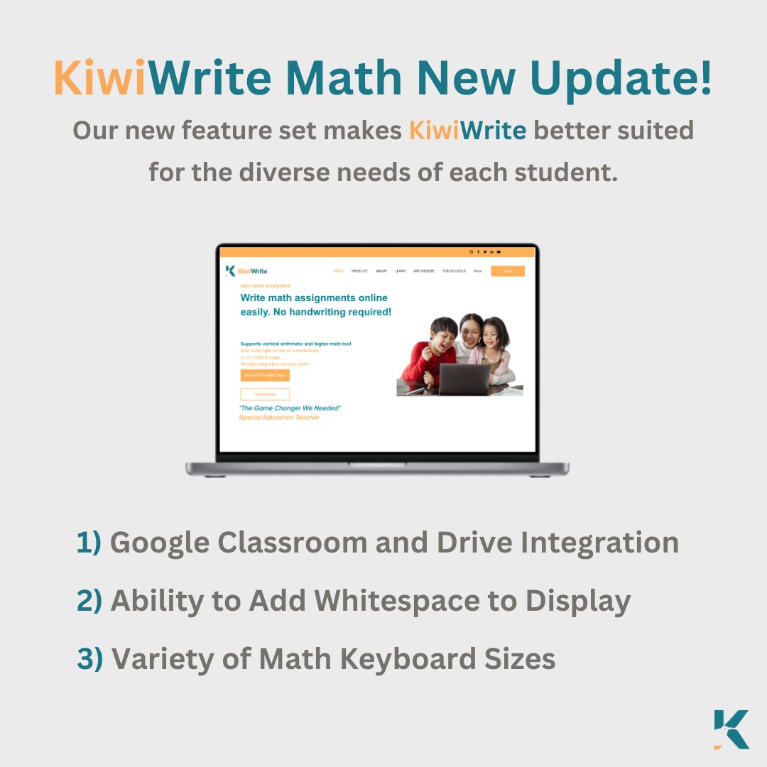 We have updated KiwiWrite Math!  Please check out our new features!
Details at kiwiwrite.com/latest-updates.

#assistivetechnology #occupationaltherapy #Accessibility #EdTech #math