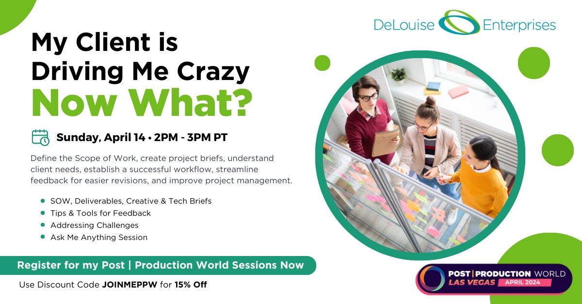 I'm getting ready to start my #PostProductionWorld session 'My Client is Driving Me Crazy Now What?' at #NABShow. Learn to manage #freelance projects like a pro by joining my session in an hour: nab24.mapyourshow.com/8_0/sessions/s…