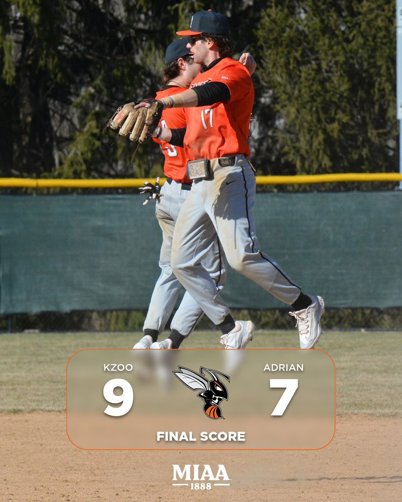 Kalamazoo takes the series against Adrian in a 9-7 ballgame. The Hornets return to action on Tuesday back at Woodworth Field. 🐝⚾️ #d3baseball