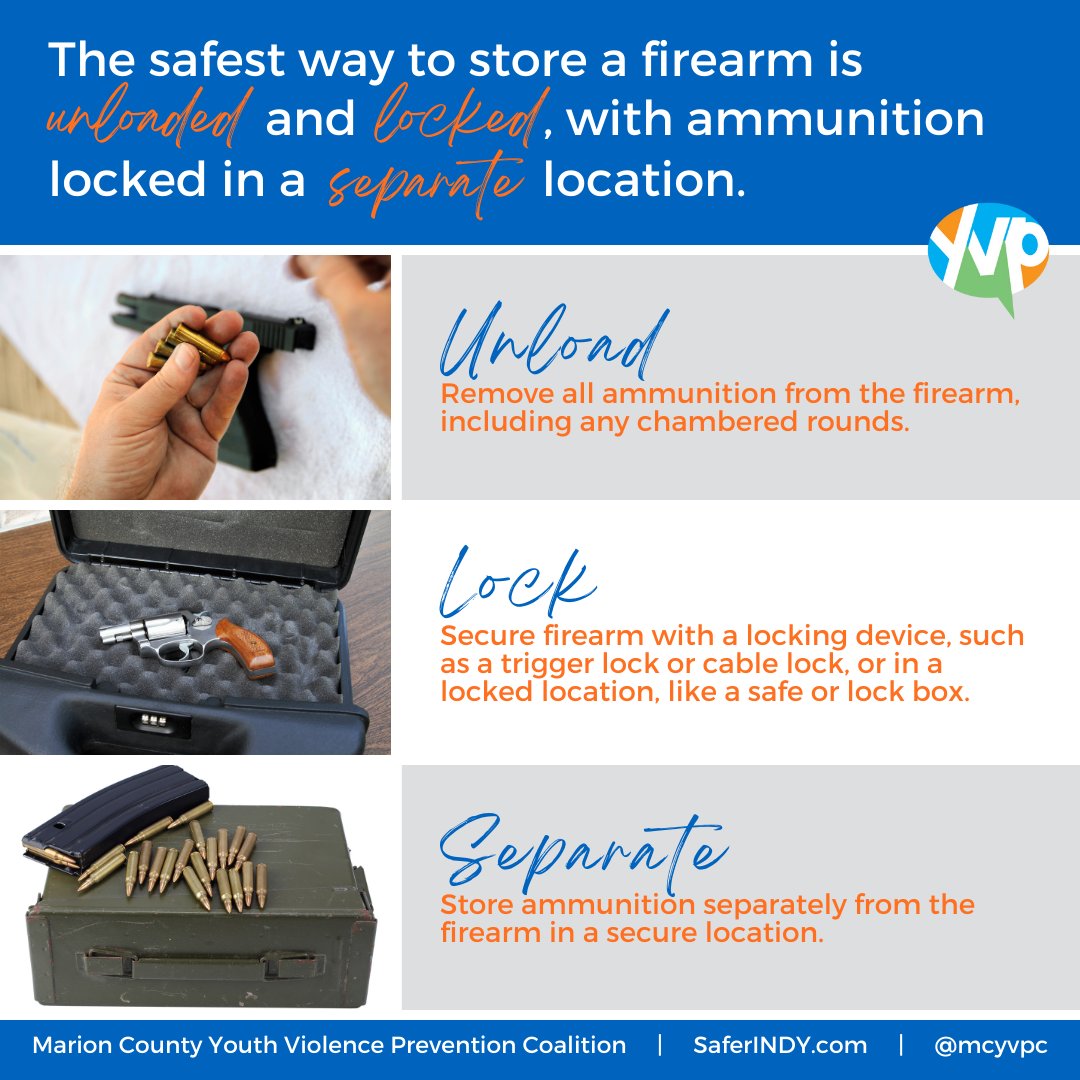🚨 Exciting news! @mcyvpc is providing FREE gun lock boxes at Saturday’s Peace Walk in honor of #NYVPW. Let's make our community safer by storing firearms unloaded and locked, with ammunition locked in a separate location.
📅April 27, 2:00-3:30 pm
📍601 East 17th St
#SaferINDY