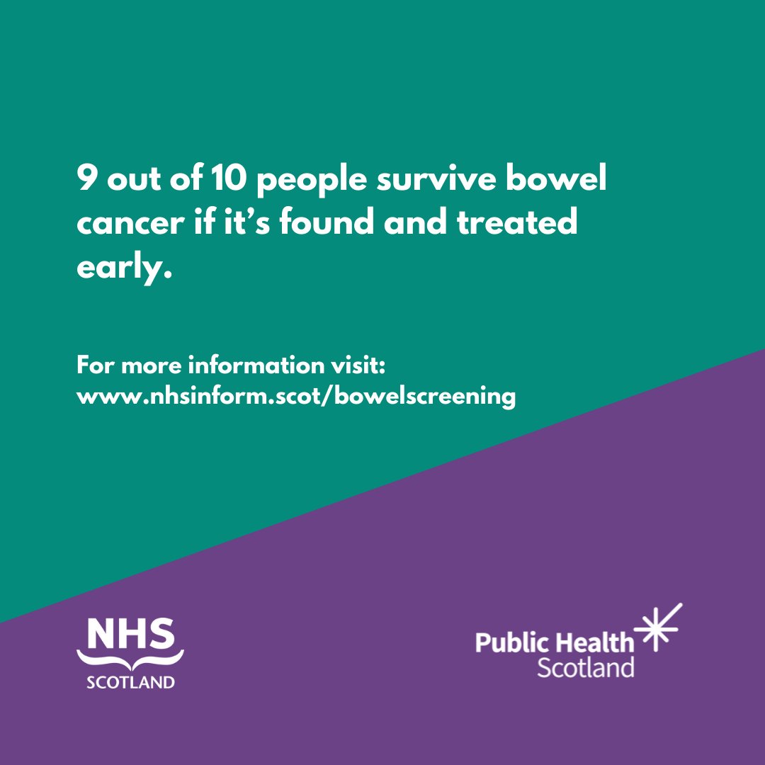 Aged 50-74? Please do your bowel screening test when it arrives in the post. 9 out of 10 people survive bowel cancer if it is found and treated early. #ScotsScreening