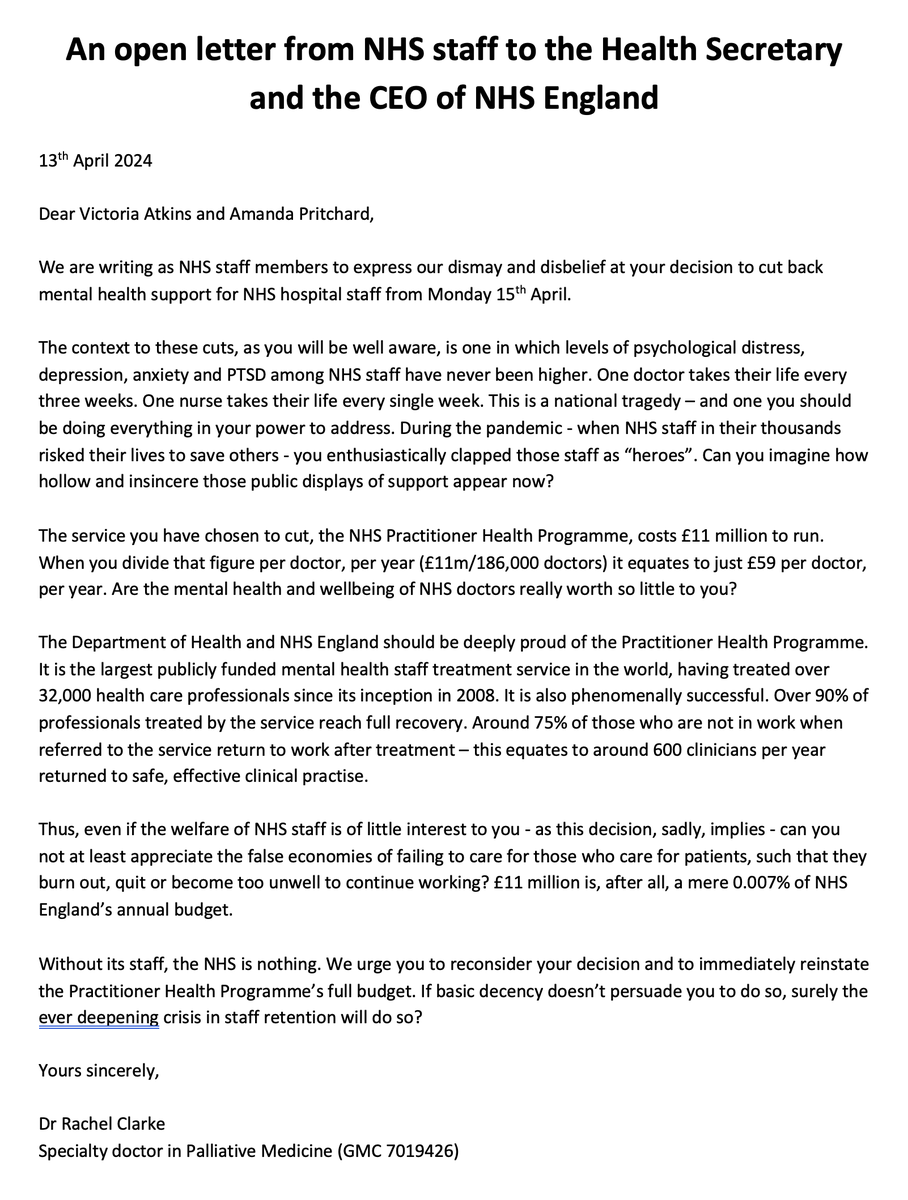 Dear 🇬🇧,

I can't stop thinking about my employer caring so little about suicidal doctors that it's chosen to cut the 0.007% of its budget it spends on the mental health service that helps keep them alive.

Thanks, @nhsengland.

And they wonder why doctors are leaving in droves.
