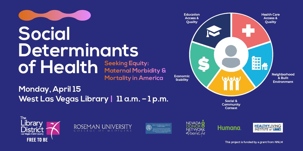 Learn about the social determinants of health during this FREE event at #WestLasVegasLibrary on Monday, April 15 as part of our #GetCarded for Health informative workshop series with @rosemanuhs 😁 ❤️! Details: bit.ly/3xePePF #FreeToBe