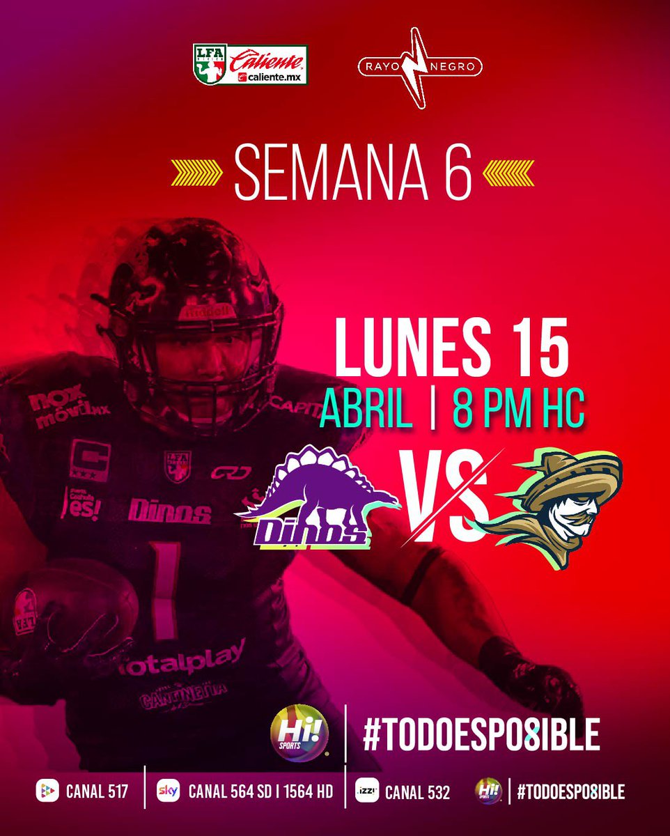 🏈 LUNES POR LA NOCHE DE LFA.

🔥 La pantalla de Hi Sports se inunda con el mejor futbol americano de nuestro país de la @LFACalientemx.🏟️

@dinoslfa 🆚 @CaudillosLFA 

🎙️ Con @diegogarcort, @LAuTrEK y @EduardoHVision.

#TodoEsPosible