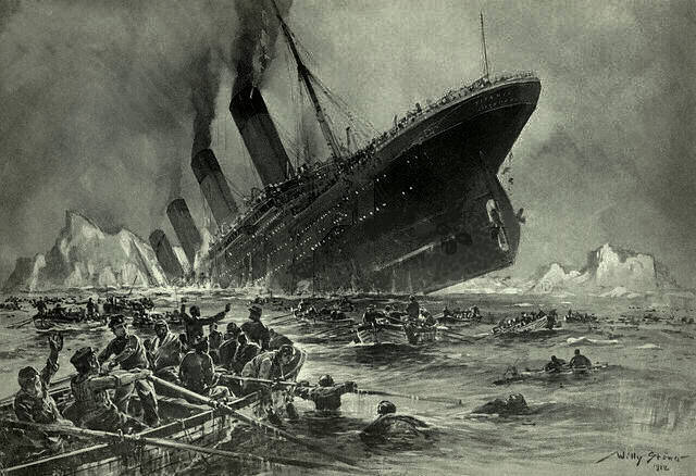 #onthisday 14 April 1912 – The British passenger liner RMS Titanic hits an iceberg in the North Atlantic at 11:40 pm (ship's time) on her maiden voyage & sinks 2 h 40 min later on 15 April 1912. RMS Titanic was a British passenger & mail carrying ocean liner, operated by the…
