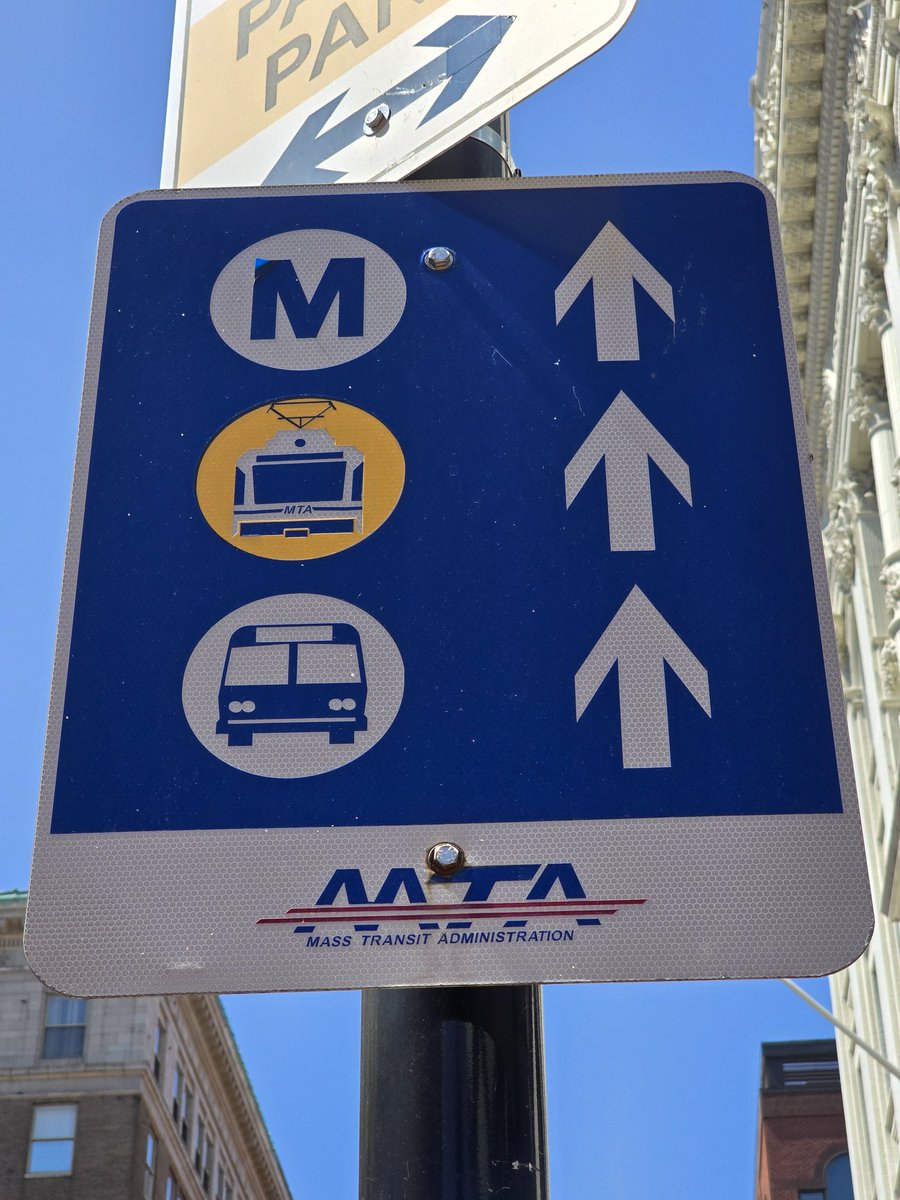 Throwback transit wayfinding sign in downtown Baltimore. The agency was originally known as the Baltimore Metropolitan Transit Authority, then the Mass Transit Administration before it changed to its current name the Maryland Transit Administration in 2001.