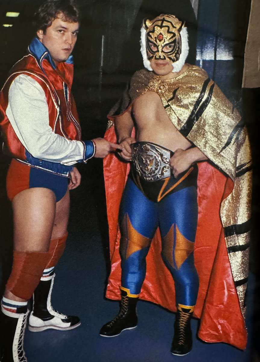 Eddie Gilbert poses with Tiger Mask (Sayama) backstage at Madison Square Garden, before Tiger’s match against Jose Estrada for the WWF Light Heavyweight title in late 1982