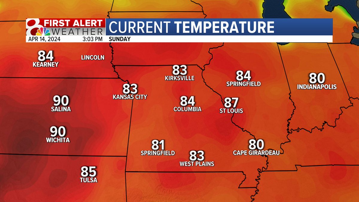 Sunday Afternoon: There are 90s on the map! It's feeling more like summer today in mid-Missouri.  #MidMoWx #MidMO