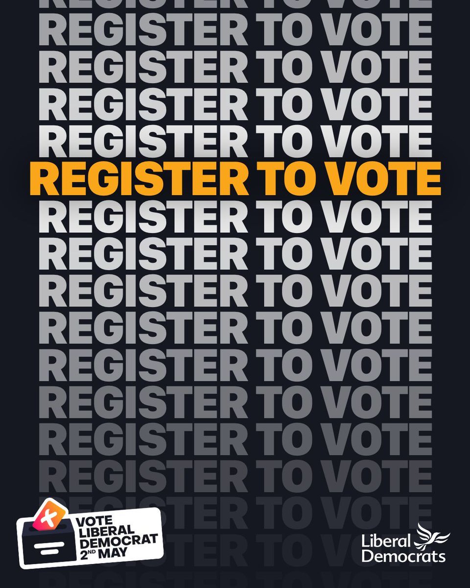 The deadline to register to vote in May's crucial local elections is midnight on Tuesday. There's still time to get registered and make sure you can have your say. Get all the details and register online NOW ⬇️ libdems.org.uk/register-to-vo…