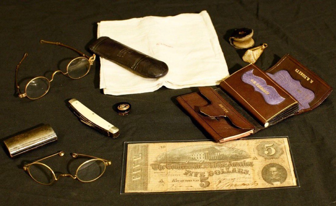 Contents of Abraham Lincoln’s pockets at moment of his assassination, tonight 1865, Ford’s Theatre—not shown to public for 111 years: