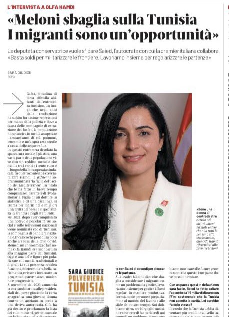 “Meloni is wrong about Tunisia”Security measures alone cannot solve the political & migration crisis in #Tunisia. Democracy & double-digit GDP growth are what Tunisians need & what will save lives in our beautiful Mediterranean Sea 🇹🇳🇮🇹 Thank you @sara_giudice1 for the interview