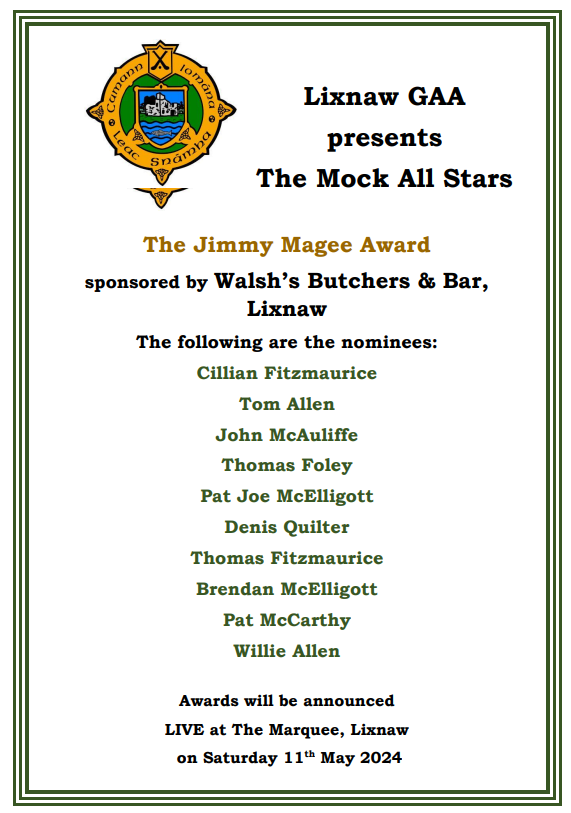 More categories & nominations for the Lixnaw Mock All Stars take place Saturday 11th May 2024. Voting can be done at lixnawmockallstars.ie now!