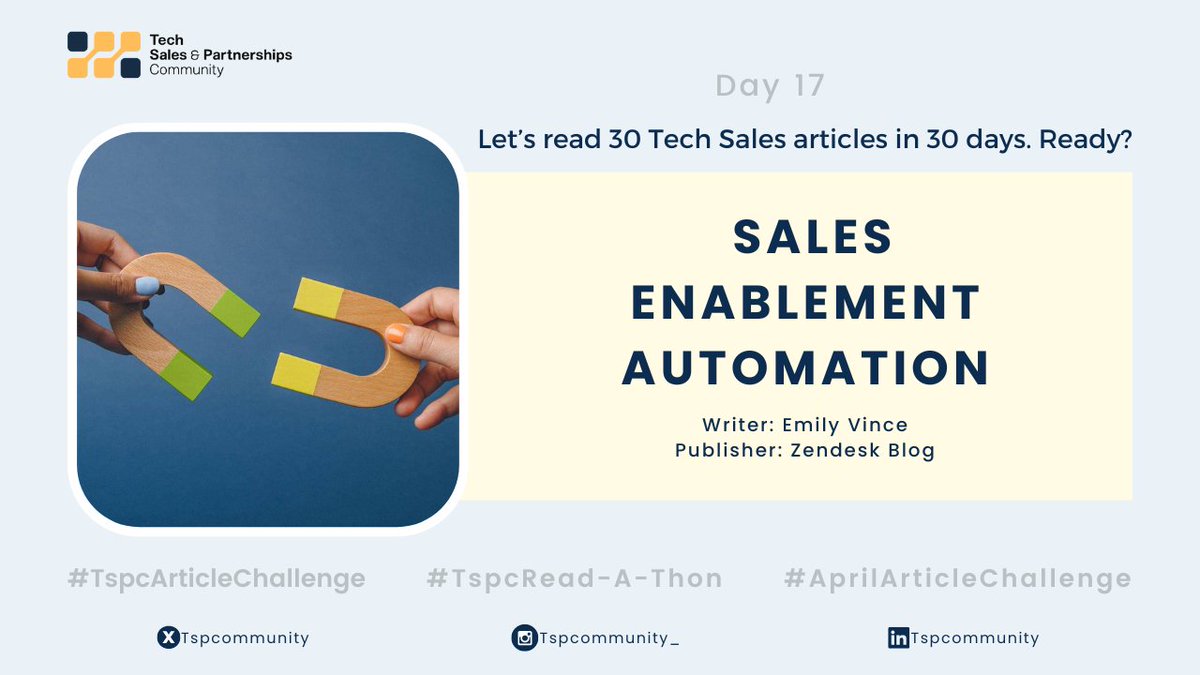 Tech Sales Read-A-Thon🚀 Day 1️⃣7⃣

If you made it this far, you’re a champ! 🏆

Read about Sales Enablement Automation
🔗zendesk.com/blog/personali…

#TspcArticleChallenge #AprilArticleChallenge #TspcReadAThon #TechSalesArticleChallenge